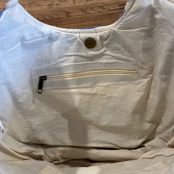 Large Boho Fringe Tote Bag Blue White Beach Bag - Picture 5 of 6